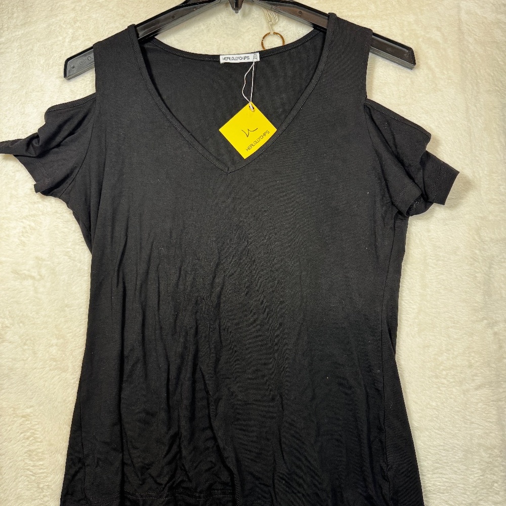 Herlollychips Top Womens Size XL Black Open Shoulder Short Sleeve Goth